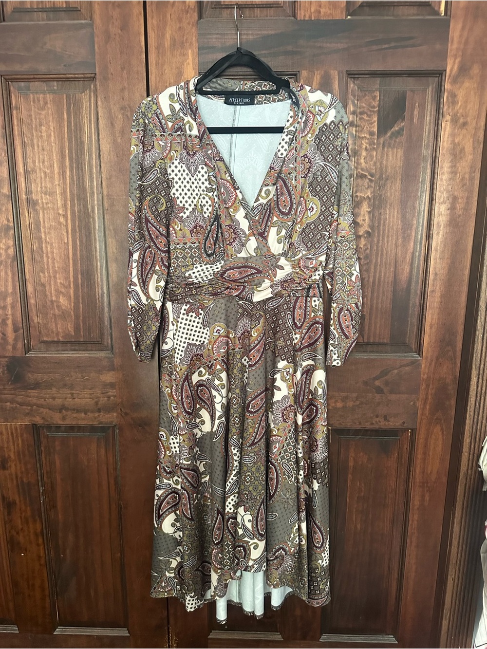 Perceptions Brown Multi Paisley Faux-Wrap Midi Dress